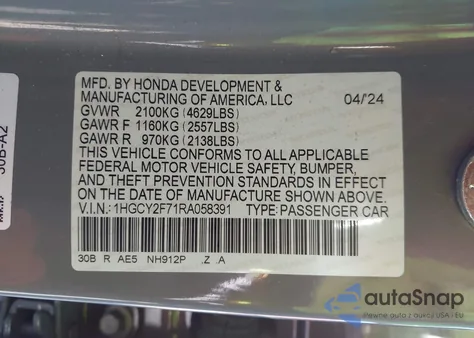 2024 Honda Accord Hybrid Sport-L z USA, uszkodzony, nr VIN 1HGCY2F71RA058391